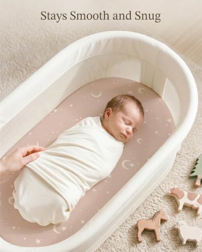 Image of Bassinet Sheets for Baby Girls Boys 2 Pack, Fitted Baby Mattress Sheet for Rectangle, Oval, Hourglass Bassinet Mattress, Breathable Cozy & Universal Fit (Elephant Dream, Bassinet Sheet)