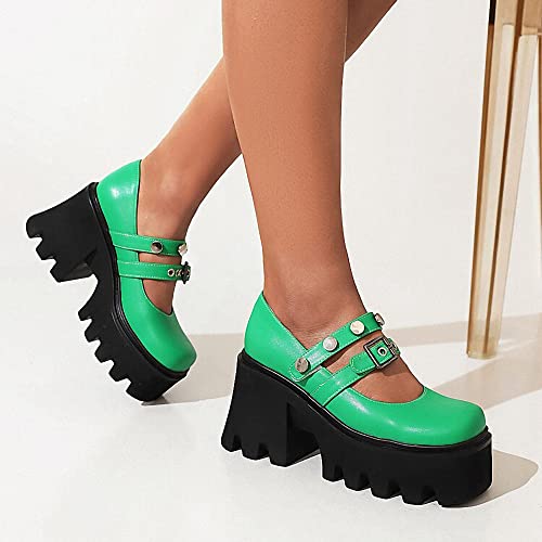 Image of Women's Platform Mary Janes Heart Cat Buckle Rivets Ankle Lolita Gothic Princess Platform Pumps Patent Leather Thorn Vintage Traditional Embroidery Upper Dress Shoes