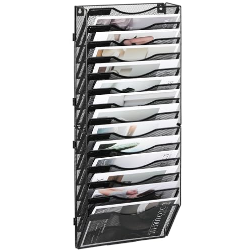 TQVAI 14 Compartimentos Malla Metal Revistero Pared Documentos Organizador Papeles A4 Colgante Oficina Archivador de Organizador Herramientas Pared, Negro