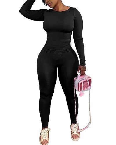 PINSV Women's 2 Piece Outfits Track Suits Long Sleeve Top Jogger Legging Pants Lounge Workout Sets for women Black L