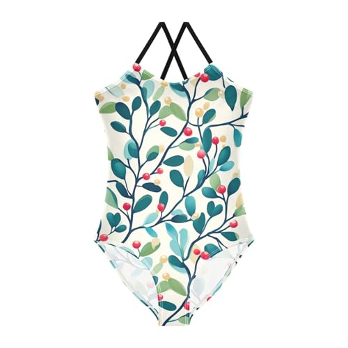 Winter Christmas Branches of Mistletoe Kids Girls 1 Piece Bathing Suit Summer Swimming Suits Adjustable Strap