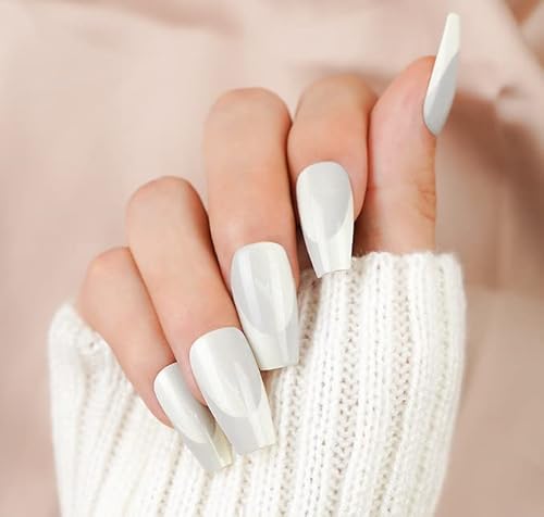 White French Press On Nails Medium, Jofay Fashion Coffin French Fake Nails Reusable Glue On Nails, Glossy Salon Like Acrylic False Nail Tips Artificial Finger Manicure For Women And Girls (24Pcs,12 Sizes) #TOP6