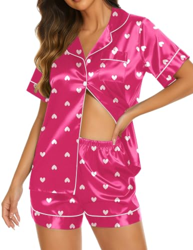 Image of Ekouaer Womens Pajamas Silk Satin Short Sleeve Button Down Pjs Shorts Set