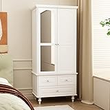 Homsee Wardrobe Armoire Wooden Closet with Mirror, 2 Doors, 3 Drawers, 4-Tier Storage Cubes and Hanging Rod for Bedroom, White (31.5”L x 19.7”W x 70.9”H)