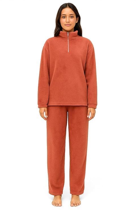 Thermal Night Suit for Women Winter Fleece Co-ord Set with Palazzo Pant and Zipper Neck-picture-40