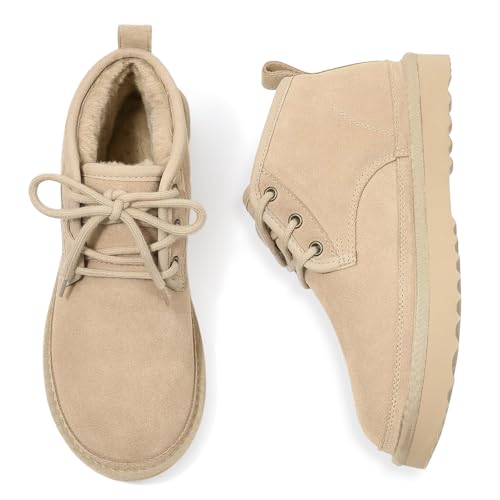 Litfun Fur Lined Ankle Boots for Women Genuine Suede Mini Booties Short Lace Up Snow Boots