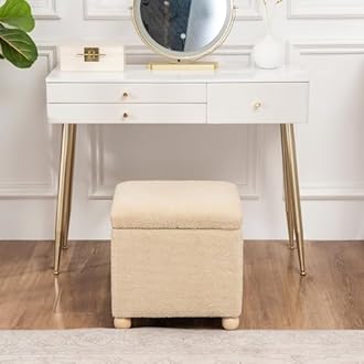 Adeco 17 Inch Soft Oatmeal Cube Ottoman Storage, Teddy Velvet Chair Foot Stools, Upholstered Vanity Stool with Hinged Lid, Solid Round Wood Legs