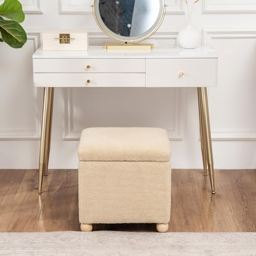 Adeco 17 Inch Soft Oatmeal Cube Ottoman Storage, Teddy Velvet Chair Foot Stools, Upholstered Vanity Stool with Hinged Lid, Solid Round Wood Legs
