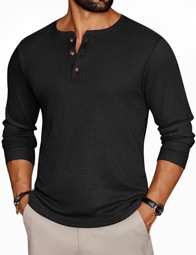 Ekouaer Mens Henley Long Sleeve Shirts Waffle T-Shirt Lightweight Thermal Undershirts Black XL