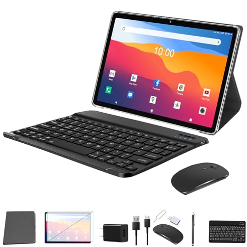 Tablette 10 pouces, 5G WiFi Android PC avec clavier et souris, 128 Go ROM + 1 To TF, 1.8 GHz octa-core, 7000 mAh avec étui, appareil photo 13 MP + 8 MP, 1080P FHD Bluetooth 5.0, GMS | OTG | FM | Type-c (gris )