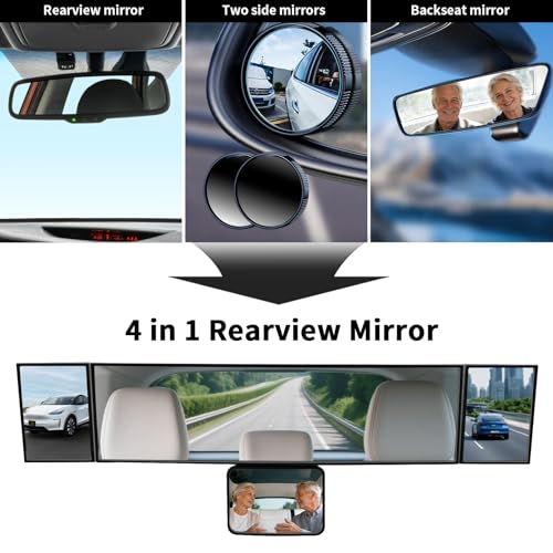 4 in 1 Rear View Mirror with Blind Spot Elimination & Backseat Mirror, 360° Wide Angle Panoramic Rearview Mirrors for Enhanced Driving Safety, Universal Fit for Car/Truck/SUV