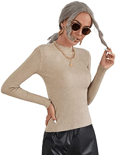Sweatyrocks Women's Long Sleeve Mock Neck Top Ribbed Knit Slim Fit Pullover Sweater Camel M #TOP2