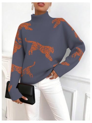 Image of WDIRARA Women's Leopard Tiger Print Sweater High Neck Long Sleeve Fuzzy Knitted Pullover Top