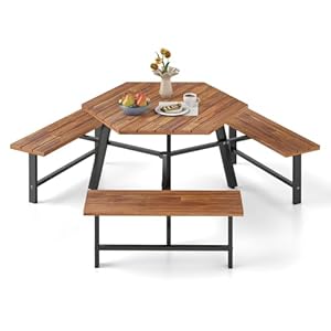 COSTWAY Picknicktisch Set für 6 Personen, Gartentisch aus Akazienholz mit Schirmloch & 3 Bänken, Terrassenmöbel, Gartenmöbel, Sitzgruppe, Sitzgarnitur für Garten, Terrasse