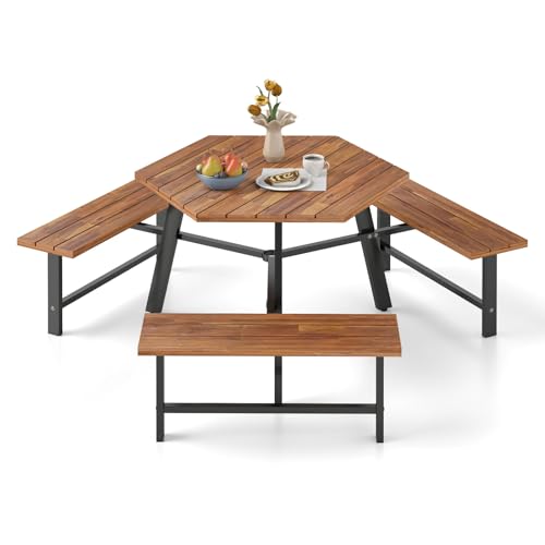 COSTWAY Picknicktisch Set für 6 Personen, Gartentisch aus Akazienholz mit Schirmloch & 3 Bänken, Terrassenmöbel, Gartenmöbel, Sitzgruppe, Sitzgarnitur für Garten, Terrasse
