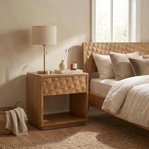 NTC Sapa Solid Wood Nightstand with 3D Carved Drawer Front – Modern Bedside Table with Open Shelf, Easy Assembled - Teak Look by NTC - Used condition - Image 2