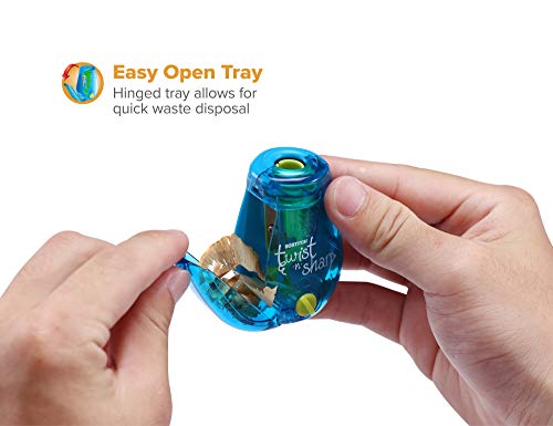 Image of Bostitch Office Pencil Sharpener, Manual, Twist-n-Sharp with Shavings Tray, Kids, Boys, Girls, Colored Pencils, 3-Pack, Lime Green, Blue and Red