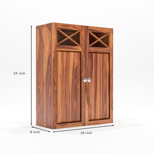 Image of Sheesham Wood Kitchen Cabinet for Home | Wall Mounted Kitchen Rack with Storage | Wooden Kitchen Unit /Organizer with 2 Door Cabinet Furniture with Storage | (Honey Finish)