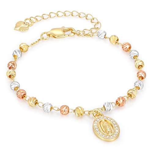 Women's Gold Virgin Mary Bracelets - 14k Gold Plated Rosary Beads Cross Bracelet,Hypoallergenic Non Tarnish Religious Rosarios Catolicos Virgen de Guadalupe Jewelry,Catholic Baptism Gift for Her