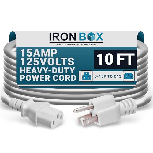Image of IronBox Electric - Heavy-Duty 5-15P to C13 Power Cord - 3 Prong 15A 125V 14 /3 SJT PC Cable - Cord for Computer, Monitor, Subwoofer, Amplifier - Cable for Power Supply - (White 10 Foot)
