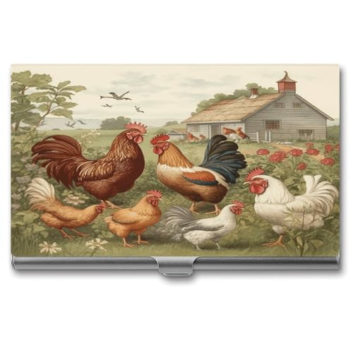 NHYDSPQ Porta biglietti da visita, scatola per biglietti da visita con stampa di polli e fattoria, custodia per biglietti da visita in metallo, supporto per biglietti da visita in metallo per uomini e