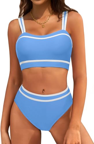 ZAFUL Women's High Waisted Bikini Ribbed Two Piece Swimsuit Color Block Adjustable Straps Bathing Suit Light Blue, M