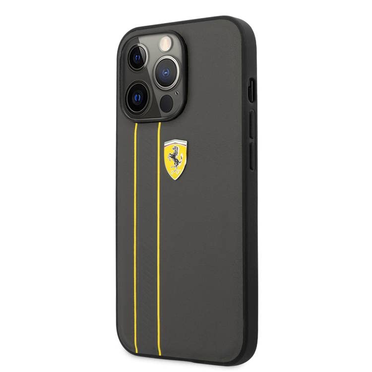 Image of CG MOBILE Ferrari Phone Case for iPhone 13 Pro Max in Gray with Two Yellow Lines, Real Leather Protective & Durable Case with Easy Snap-on, Shock Absorption & Signature Logo