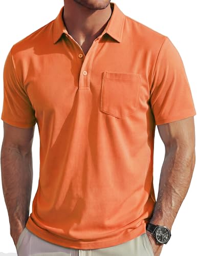 MAGCOMSEN Polo Shirts for Men Short Sleeve Collared Golf Shirt with Pocket Moisture Wicking Quick Dry Performance Orange Polos