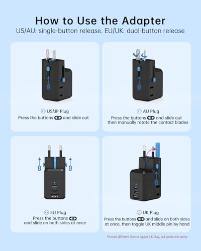 BEONDON Universal Travel Adapter, 25W USB-C Charger, US UK EU AU Plugs - image 8