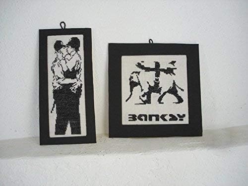 Banksy Cross Stitch set - Kissing Coppers & Heavy Weaponry Rocket Bomb Elephant
