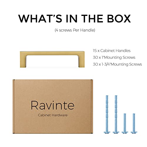 Image of Ravinte Brushed Brass Solid Pulls Cabinet Handles 3-3 /4 Inch 15 Pack | Solid Zinc, Slim Design, Mounting Screws Included, Kitchen Cabinet Hardware, For Cupboards, Dressers, Drawers