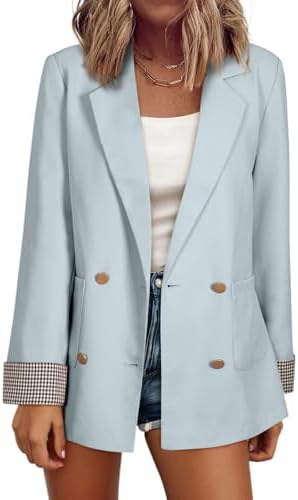 Happy Sailed Women's Plaid Cuff Blazers- Double Breasted Open Front Business Casual Office Blazer Jackets Work Outfits