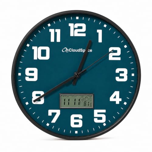Image of Cloud Space 12 inch Silent Wall Clock Battery Operated, Non Ticking Modern Wall Clock with LCD Calendar & Fahrenheit Temperature Display, Easy-to-Read Kitchen Bedroom Office Living Room Wall Clock