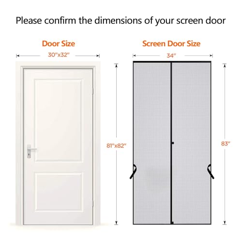 Sunolga 34 x 83 Inch Magnetic Screen Door, Fits Doors Size 32 x 82 Inch, Reinforced Fiberglass Screen Door Mesh with Full Frame Hook & Loop, Door Screen Magnetic Closure for Hands-Free