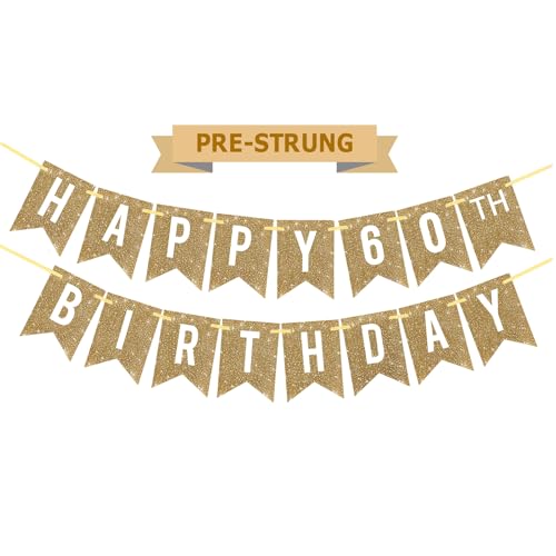 Netnology Pre-Strung Gold Happy 60th Birthday Banner Decorations 12 ft No DIY Gold Glitter 60th Birthday Party Banner Sign Decor for Women Men Girl Boy Party Supplies