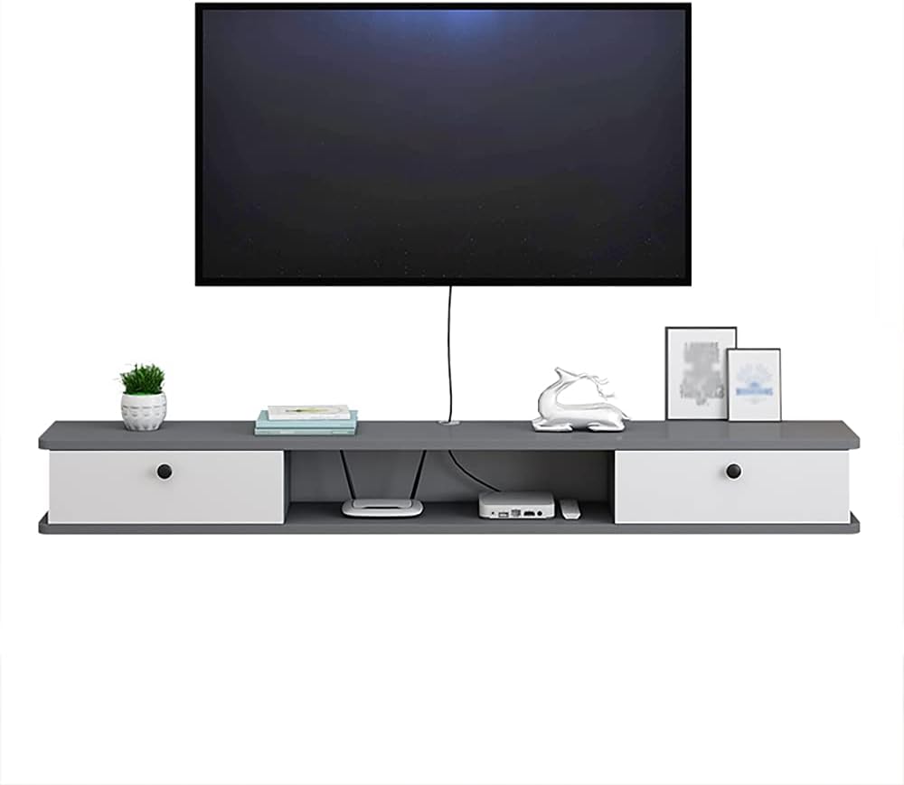 フローティングテレビスタンドキャビネット フローティングテレビスタンドキャビネット、ロッカー2個とオープンストレージ付き壁掛けエンターテイメントユニット、リビングルームベッドルーム用マルチメディア収納棚 Hello