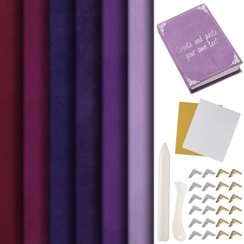 Book Binding Cloth Materials Kit Includes 12x16 Velvet Bookcover Fabric 24 Decorative Corner 2 Iron on Vinyl Sheet Bone Folder Tool Backing Paper for Old Book DIY Craft Supplies(Purple Series)