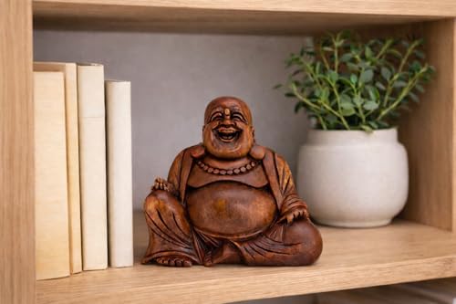 Estatua Buda sonriente en madera talla manual miniatura 5