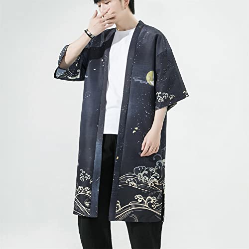 Image of Seidarise Men's Haori, Long Kimono Cardigan Jacket Japanese Style Flying Crane Seven Sleeves Open Front Coat