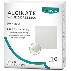 Dimora Calcium Alginate Wound Dressing, 4'' x 4'' Patches,10 Individual Sterile Pads, Soft and Highly Absorbent Dressing Gauze, Non-Stick Padding