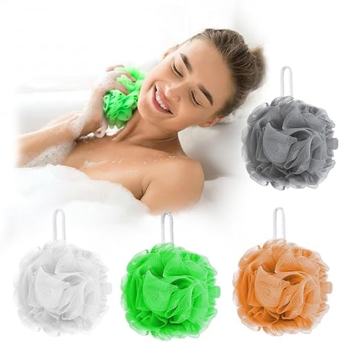 ANGIX 4 x Loofah Ultra Soft Mesh Pouf Bath Sponge Set - Shower Sponges for Men & Women, Premium Body Scrubber, Shower Puff Ball Sponge with Strings in 4 Mixed Colors