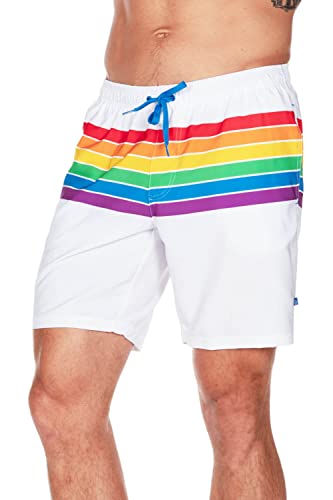 Tipsy Elves White Rainbow Classic Fit 7 Inch Inseam Swim Trunks For Men Size X-Large #TOP1