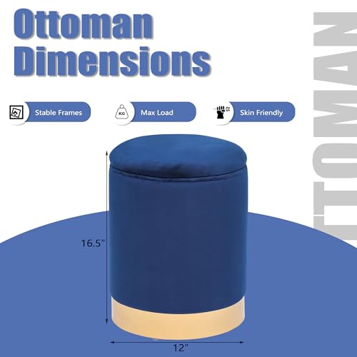 Joveco Round Storage Ottoman with Removable Lid, Velvet Upholstered Padded Vanity Stool Footrest with Gold Plating Base, Footstool for Living Room Bedroom Makeup Room (Blue) - Thumbnail 3