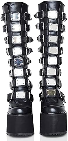 CELNEPHO Womens Chunky Platform Knee High Boots High Heel Round-Toe Zip Punk Goth Mid Calf Combat Boots For Women