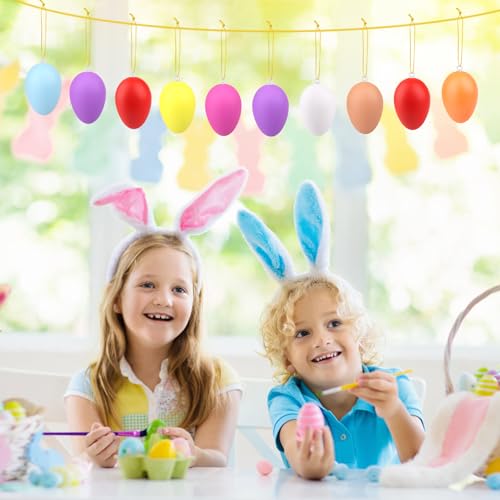TOSAVGA 24 Stück Ostereier zum Aufhängen, Bunte Ostereier Plastik mit Schnur, 6 x 4CM Plastikeier Osterdeko, Ostereier Deko zum Hängen, Kunststoffeier Dekorieren für Draußen, Oster Plastik Eier