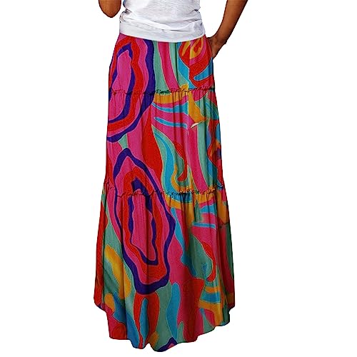 Pleated Maxi Skirts for Women Trendy Tiered Flowy Skirt Drawstring High Waisted Long Skirt A Line Ruffle Skirt