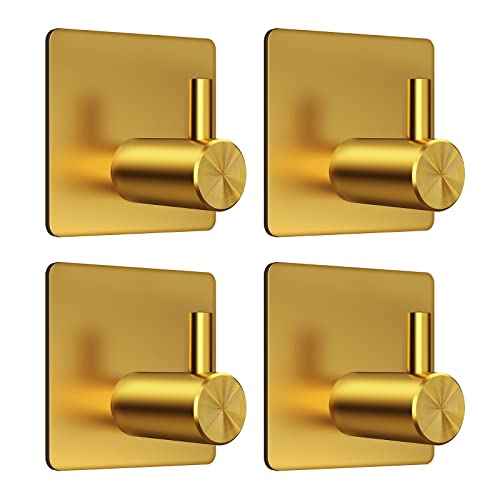VIS'V Adhesive Hooks, Gold Adhesive Towel Hooks Waterproof Self Adhesive Shower Wall Hooks Stainless Steel Stick on Hooks Heavy Duty Sticky Hooks for Bathroom Kitchen Livingroom Camper - 4 Pcs