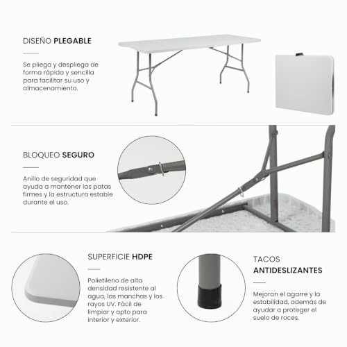 Miniatura 5 de Mesa Catering Plegable Portátil Rectangular 180 Cm Multiusos: Camping, Eventos En Espacios Exteriores O Interiores Mesa Resina Y Patas Acero 4-6 Personas Y Carga De 150kg
