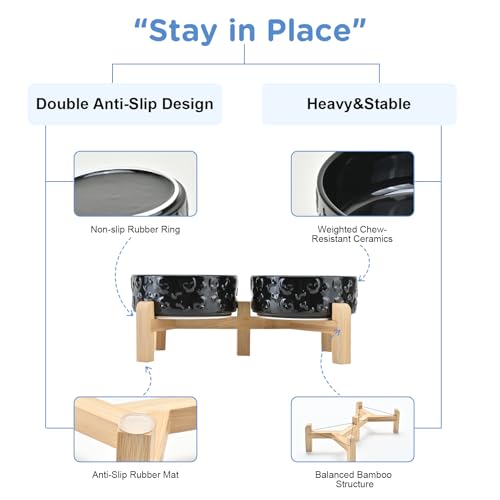 SPUNKYJUNKY Elevated Dog Bowls Ceramic, 5.1'' Dogs and Cat Food Water Bowls Raised with Non-Slip Bamboo Stand for Puppy Small Sized Breed Microwave Dishwasher Safe - 13.5 OZ,Skull Black by SPUNKYJUNKY - Used condition - Image 4