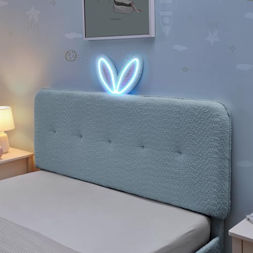 Image of Full Led Bed Frame with 4 Storage Drawer, Upholstered Platform Floor Bed with Rabbit Ear Headboard Daybed Strong Wooden Slats No Box Spring Needed for Kids Girls Boys, Blue
